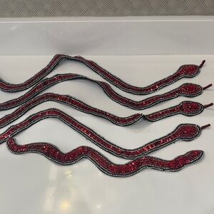 5 Long Sparkle Rhinestones and Sequin Red Snake Shaped Patches Applique